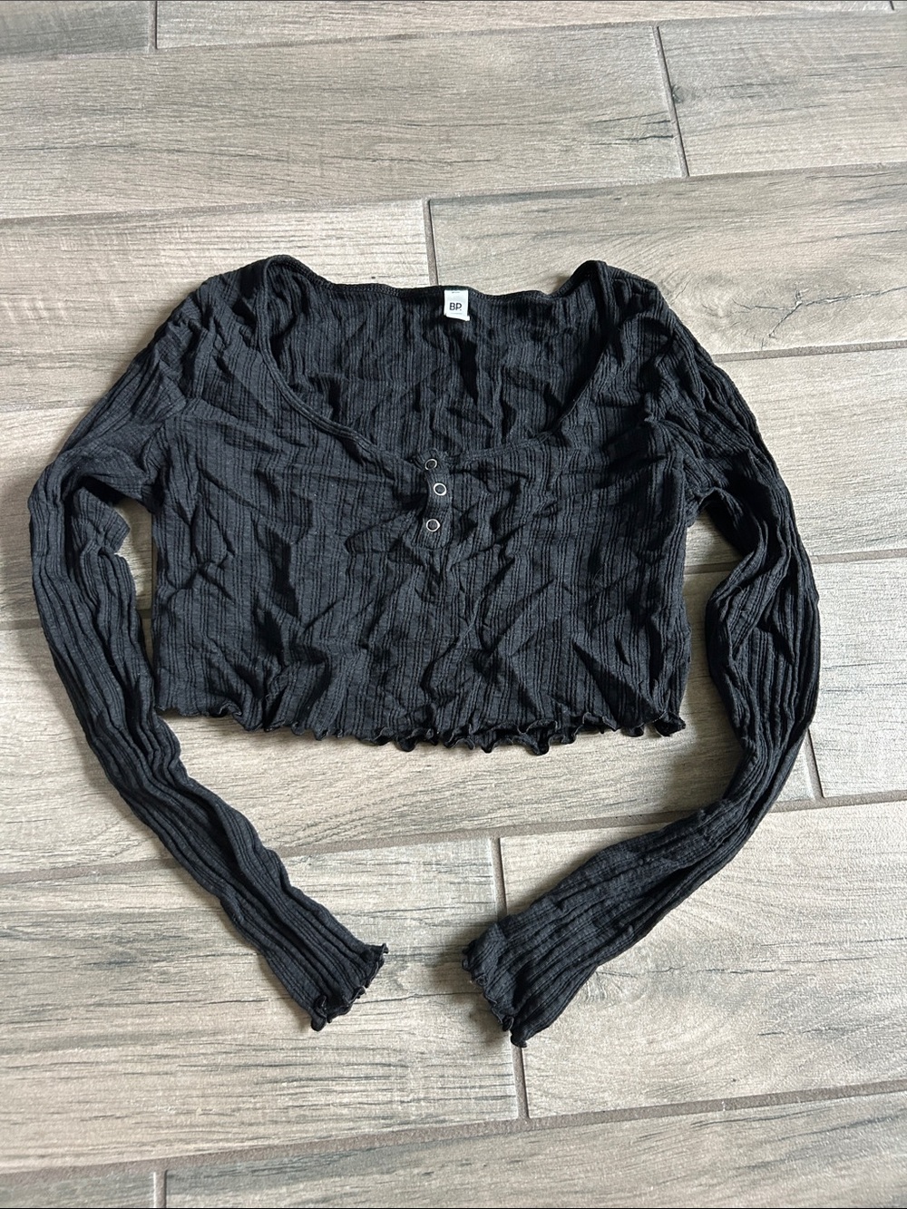 bp Black Ribbed Long-Sleeve Cropped Henley Top